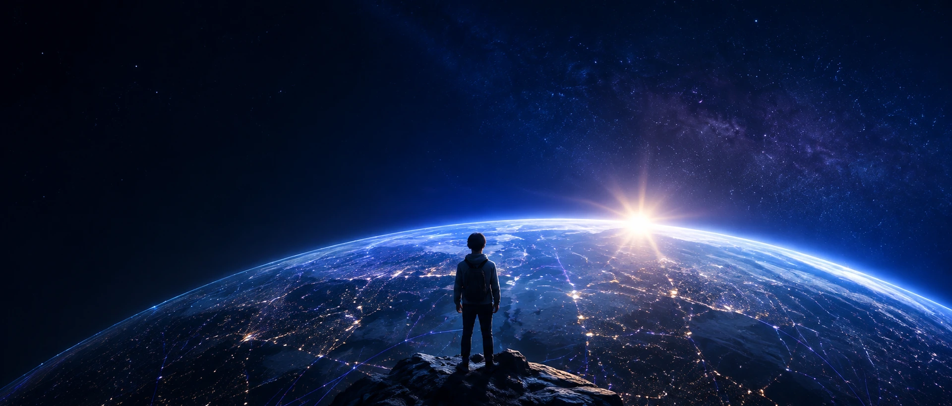 Learner standing above the connected world at sunrise