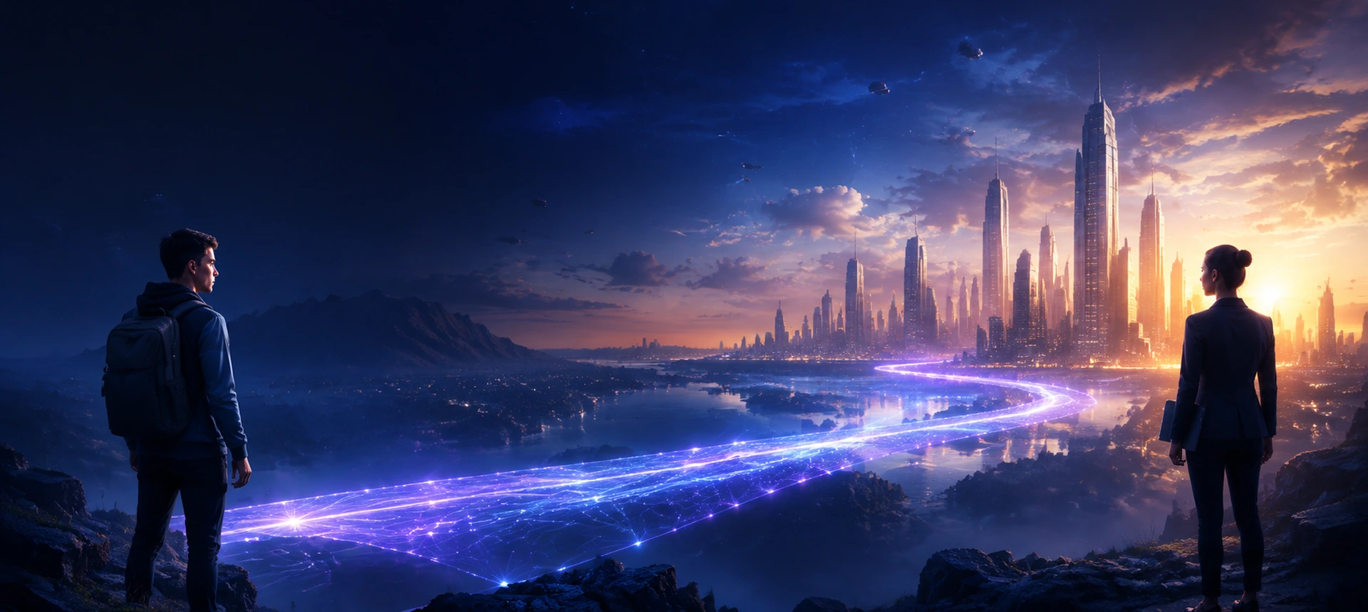 Professionals following a luminous path toward a future city